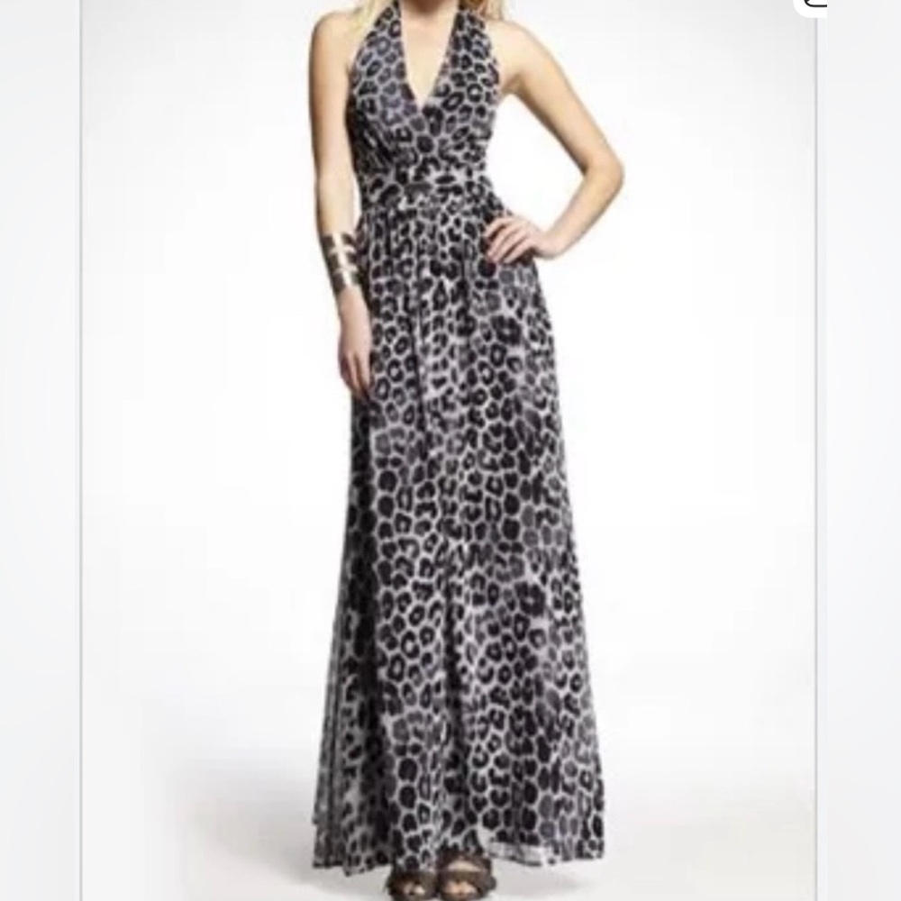 Express Black Gray Chiffon Leopard Print Maxi Dress – Size M Halter V Neck